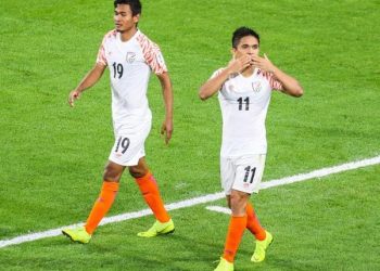 Sunil Chhetri (No.11) celebrates after scoring against Thailand