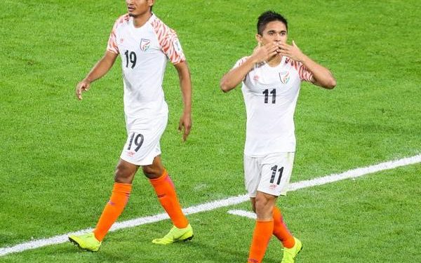 Sunil Chhetri (No.11) celebrates after scoring against Thailand