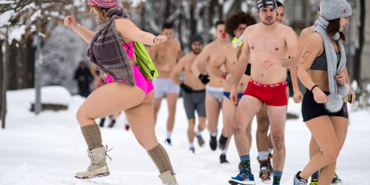Runners take part in an Underpants Run on the banks of Danube River in Belgrade on 26 January 2019, while outside temperatures approach zero degrees Celsius. (AFP)
