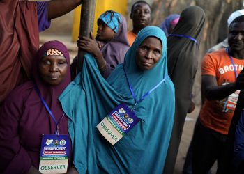 Nigerian election observers watch votes being counted in Kaduna, Nigeria, Saturday Feb. 23, 2019. Incumbent President Muhammadu Buhari is facing opposition presidential candidate Atiku Abubakar in the presidential election. (AP)