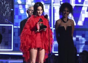 Kacey Musgraves accepts the award for album of the year for "Golden Hour" at the 61st annual Grammy Awards on Sunday, Feb. 10, 2019, in Los Angeles. (AP)