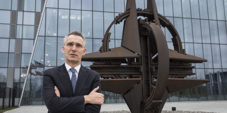 NATO Secretary General Jens Stoltenberg by the NATO Star at the new headquarters. 2019 is the 70th anniversary year for NATO