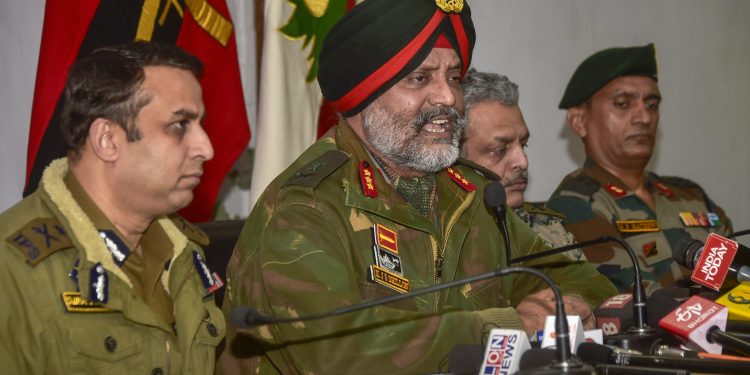 Indian Army’s Lt General KJS Dhillon flanked by top J&K police officials addressing the media in Srinagar, Tuesday