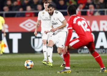 Karim Benzema (in white) in action against Girona. File Image