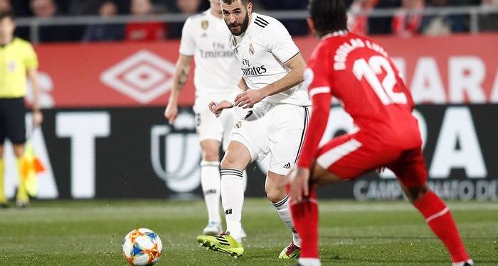 Karim Benzema (in white) in action against Girona. File Image