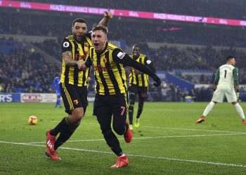 Gerard Deulofeu (R) and Troy Deeney celebrate one of the former’s three goals against Cardiff City, Friday 