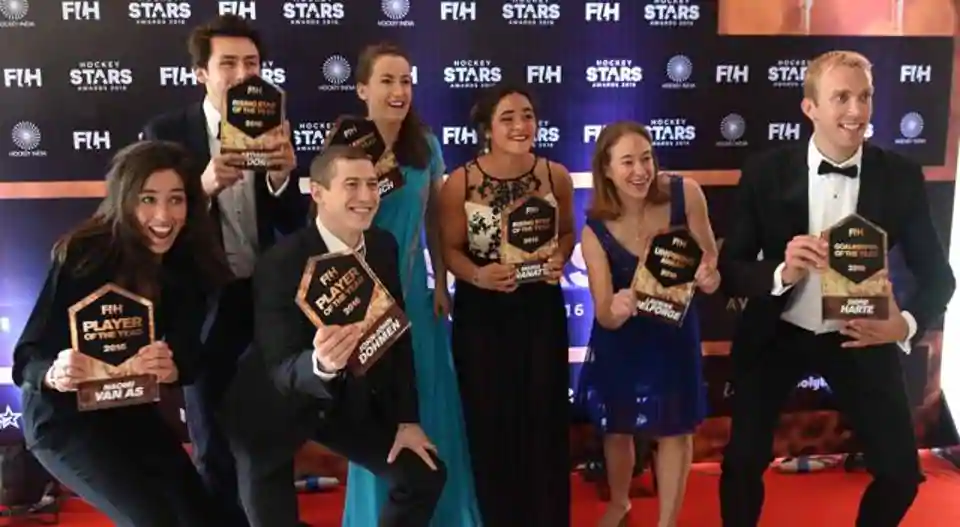 Prize-winners of the various categories pose with their trophies at the FIH awards function, Thursday