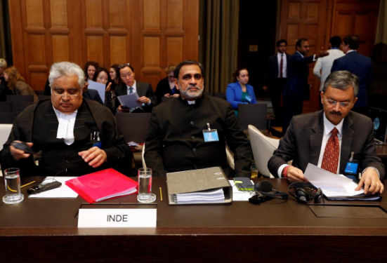 Indian Lawyer Harish Salve, VD Sharma and Deepak Mittal, Joint Secretaries, Indian Ministry of External Affairs at the ICJ during the hearing
