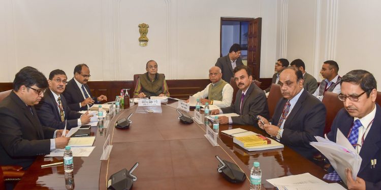 Finance Minister Arun Jaitley and other officials during the GST council meeting at New Delhi, Wednesday