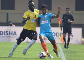 Action during the match between Indian Arrows and Real Kashmir at the Kalinga Stadium in Bhubaneswar, Sunday