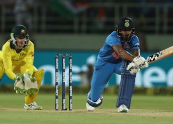 KL Rahul unfurls a reverse-sweep during his innings against Australia at Visakhapatnam, Sunday