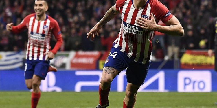Jose Gimenez celebrates after scoring the opener for Atletico Madrid in their Champions League encounter against Juventus, Wednesday