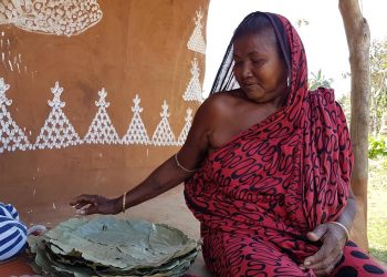 A woman with Sal leaf plates at Dengajhari village in Nayagarh district