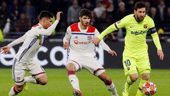 Barcelona’s Lionel Messi (No. 10) in action during the Champions League game against Lyon, Tuesday