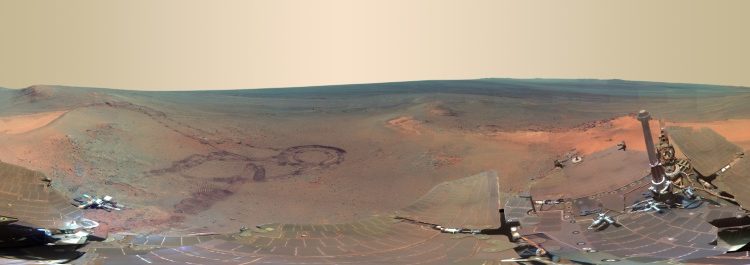 A panoramic view of Mars, put together from 817 images taken by the rover Opportunity