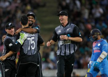 New Zealand players celebrate after winning the third T20 game against India at Hamilton Photo@BCCI Twitter