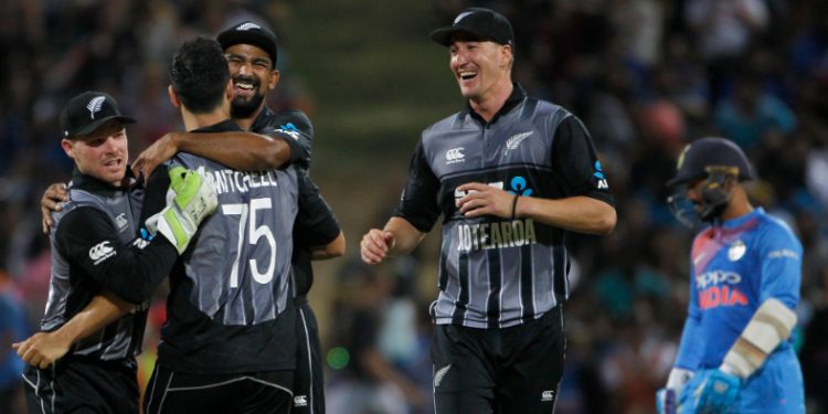 New Zealand players celebrate after winning the third T20 game against India at Hamilton Photo@BCCI Twitter