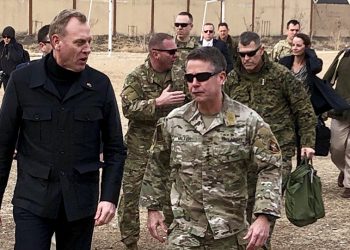 Acting Defense Secretary Pat Shanahan, left, arrives in Kabul, Afghanistan, Monday morning, Feb. 11, 2019, to consult with Army Gen. Scott Miller, right, commander of U.S. and coalition forces, and senior Afghan government leaders. The unannounced visit is the first for the acting secretary of defense, Pat Shanahan. He previously was the No. 2 official under Jim Mattis, who resigned as defense chief in December. (AP)