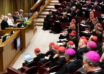 This photo taken and handout by the Vatican Media February 23, 2019 shows Pope Francis (3rdL), summit moderator, Italian priest Federico Lombardi (2ndL), cardinals and bishops (Front, R, Rear) attending at the Vatican the third day of a global child protection summit for reflections on the sex abuse crisis within the Catholic Church. (AFP)
