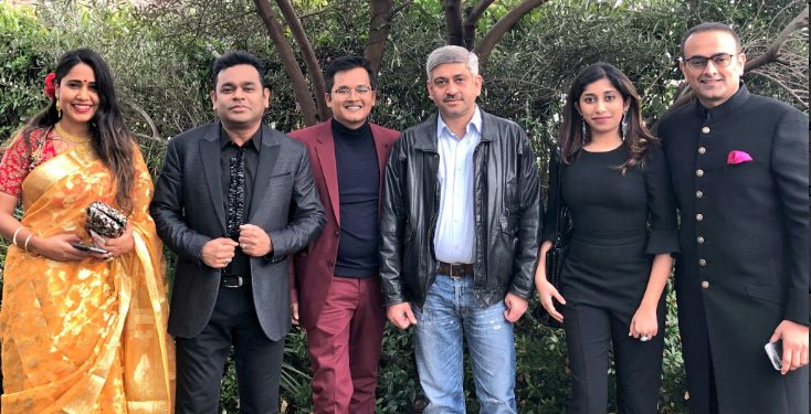 AR Rahman with friends and daughter Raheema (2nd right) posted this picture before attending the Grammy Awards     Photo@A R Rahman Twitter