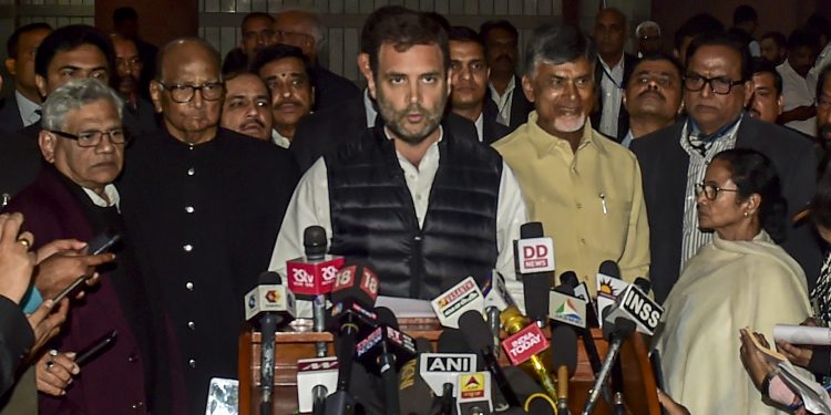 Congress president Rahul Gandhi along with leaders of other opposition parties, addressing the media, Wednesday