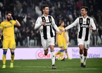 Cristiano Ronaldo celebrates after scoring the third goal for Juventus