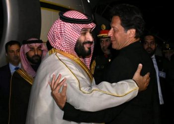 Pakistani Prime Minister Imran Khan (R) greets Saudi Arabia's Crown Prince Mohammed bin Salman on his arrival at Pakistan Air Force (PAF) Nur Khan Base in Rawalpindi, Pakistan February 17, 2019. Press Information Department (PID)/Handout via REUTERS