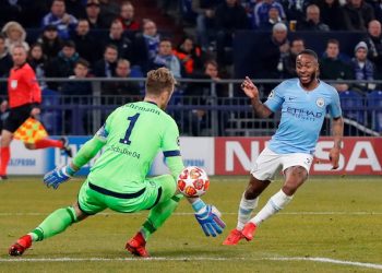 Raheem Sterling tucks in the winning goal for Manchester City in their Champions League game against Schalke, Wednesday