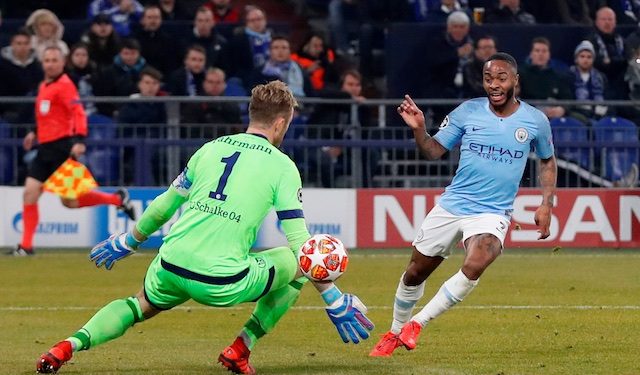 Raheem Sterling tucks in the winning goal for Manchester City in their Champions League game against Schalke, Wednesday