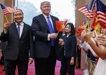 US President Donald Trump with Vietnam Prime Minister Nguyen Xuan Phuc at Hanoi after his arrival Wednesday