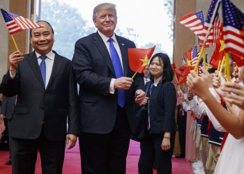 US President Donald Trump with Vietnam Prime Minister Nguyen Xuan Phuc at Hanoi after his arrival Wednesday