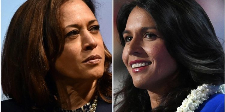 Kamala Harris (L), the first Indian-origin Senator and Tulsi Gabbard, the first Hindu lawmaker in the US Congress