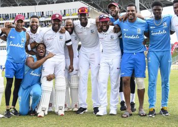 A jubilant West Indies side pose for a group photo