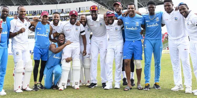 A jubilant West Indies side pose for a group photo
