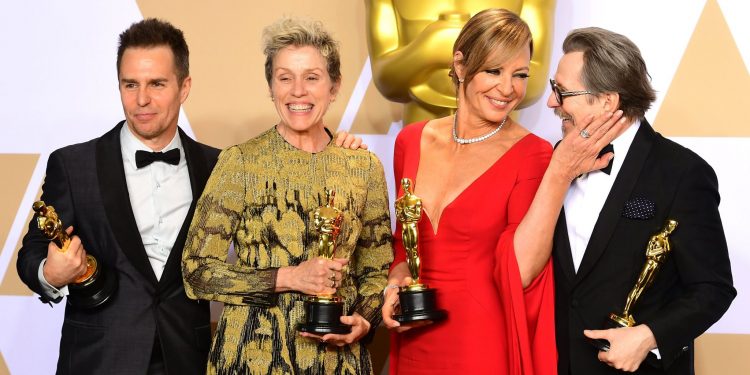 Sam Rockwell (Best Supporting Actor) Frances McDormand (Best actress) Allison Janney (Best Supporting actress) and Gary Oldman (Best Actor) with their Oscars in the press room at the 90th Academy Awards held at the Dolby Theatre in Hollywood, Los Angeles, USA. (PA)