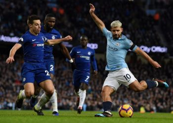 Sergio Aguero (No 10) was a constant source of danger to the Chelsea defence