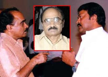 This image is a composition of Telugu director-producer Vijaya Bapineedu (L) in conversation with actor and politician Chiranjeevi.