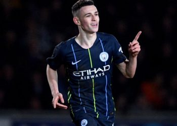 Manchester City’s Phil Foden celebrates after scoring his second of the night against Newport County, Saturday 