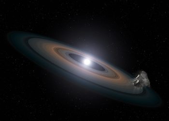This illustration is an artist's impression of the thin, rocky debris disc  discovered around the two Hyades white dwarfs. Rocky asteroids are  thought to have been perturbed by planets within the system and diverted  inwards towards the star, where they broke up, circled into a debris  ring, and were then dragged onto the star itself.