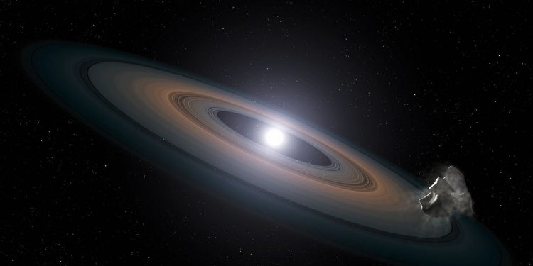 This illustration is an artist's impression of the thin, rocky debris disc  discovered around the two Hyades white dwarfs. Rocky asteroids are  thought to have been perturbed by planets within the system and diverted  inwards towards the star, where they broke up, circled into a debris  ring, and were then dragged onto the star itself.