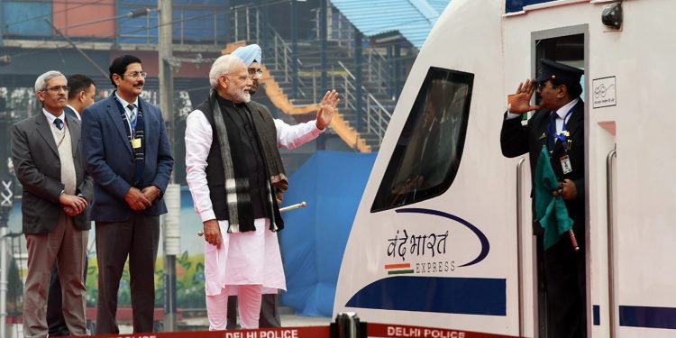 Prime Minister Narendra Modi flags off the Vande Mataram Express at New Delhi, Friday