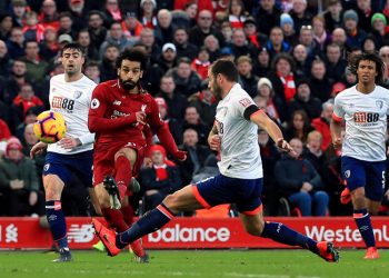 Liverpool’s Mohamed Salah (in red) in action against Bournemouth in the Premier League game played Saturday