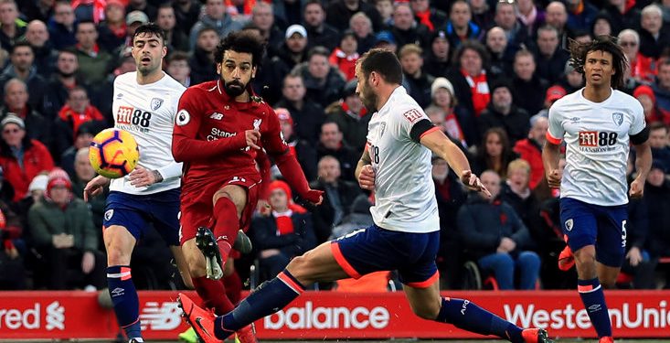 Liverpool’s Mohamed Salah (in red) in action against Bournemouth in the Premier League game played Saturday