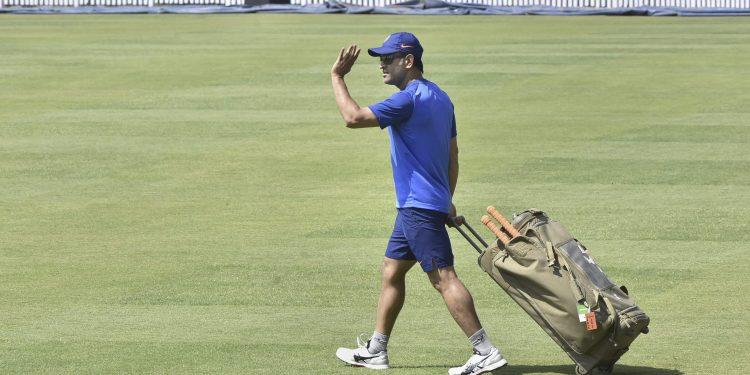 MS Dhoni seen on a field during a training session ahead of India's 3rd match against Australia at JSCA Stadium, in Ranchi, Thursday