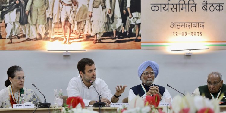 Ahmedabad: Congress President Rahul Gandhi, senior party leaders Sonia Gandhi and Manmohan Singh at the Congress Working Committee (CWC) meet, in Ahmedabad, Tuesday, March 12, 2019. (PTI Photo)
(PTI3_12_2019_000158B)
