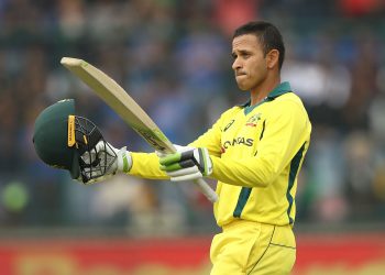 Usman Khawaja celebrates after reaching three figures, Wednesday