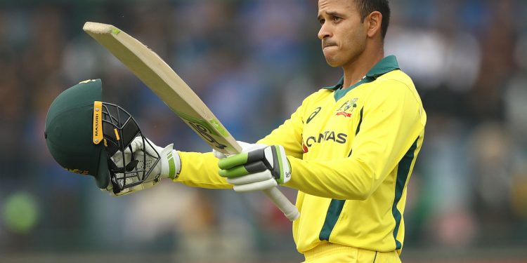 Usman Khawaja celebrates after reaching three figures, Wednesday