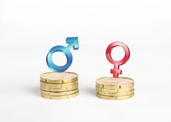 33492286 - wage gap concept with blue figure symbolizing men and red pawn women