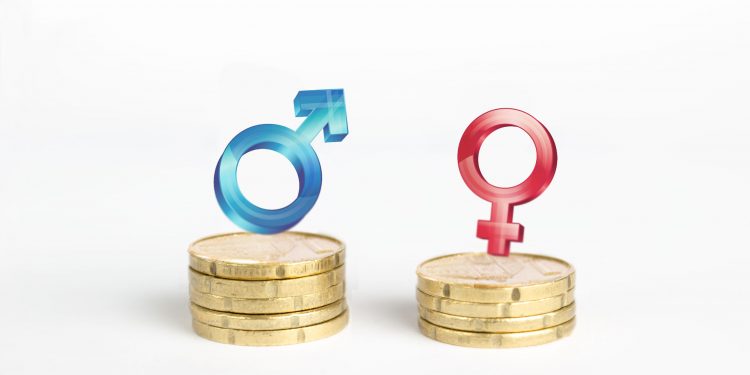 33492286 - wage gap concept with blue figure symbolizing men and red pawn women