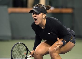 Bianca Andreescu celebrates after winning a game over Elina Svitolina at Indian Wells, Friday        